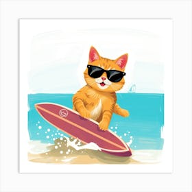 Orange Cat On Surfboard Art Print