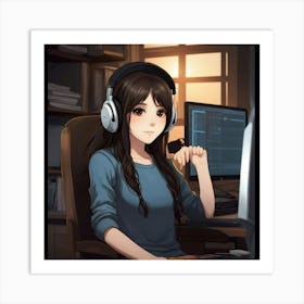 Anime Girl With Headphones Art Print