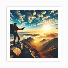 Man On Top Of Mountain At Sunrise Art Print