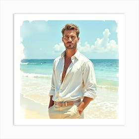 Graceful Man In Watercolor Outfit, Tranquil Beach Scene 1 Art Print