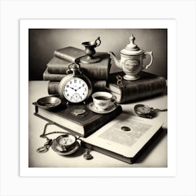 Monochromatic Still Life Composition Featuring A Collection Of Vintage Objects Such As Old Books A Pocket Watch And An Antique ( Art Print