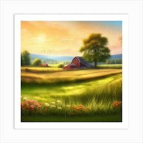 Farm Landscape At Sunset Art Print