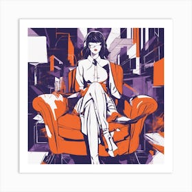 Drew Illustration Of Girl On Chair In Bright Colors, Vector Ilustracije, In The Style Of Dark Navy A Art Print
