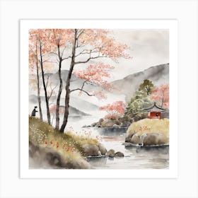 Japanese Landscape Painting Sumi E Drawing (22) Art Print