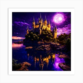 Glowing Castle on Small Island with Purple Moon Art Print