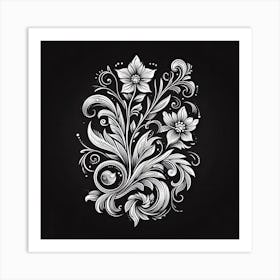 Floral Drawing On Black Background Art Print