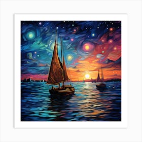 Sailboats In The Night Sky Art Print