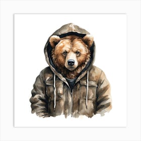 Watercolour Cartoon Grizzly Bear In A Hoodie Art Print