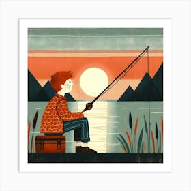 Boy Fishing At Sunset 1 Art Print