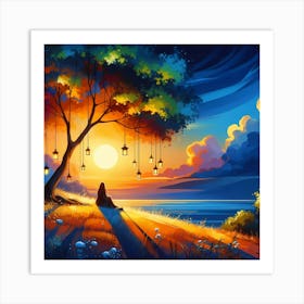 Sunset Tree With Lanterns Art Print