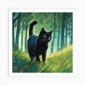 806868 A Black Cat Amidst Green Trees, Green Grass, Blue Xl 1024 V1 0 Art Print