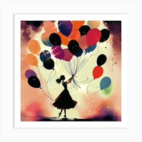 Silouhette Girl With Colorful Balloons Art Print