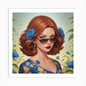 Girl In Blue Flowers Art Print