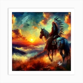 Oil Texture Native American Indian On Horseback In The Mountains 7 Copy Art Print