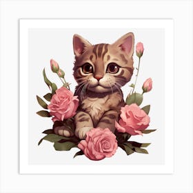 Cute Kitten With Roses Art Print