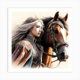 Chinese Princess By Her Horse Color Drawing 1 Art Print