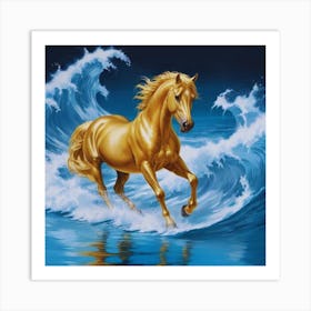Golden Horse In The Ocean Waves Art Print