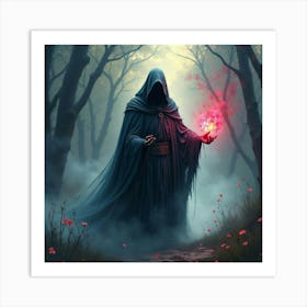 Black Magic Sorcerer In A Vivid Watercolor Scene, Mystical And Eerie 1 Art Print