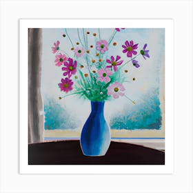 Cosmos Flowers In A Blue Vase Art Print