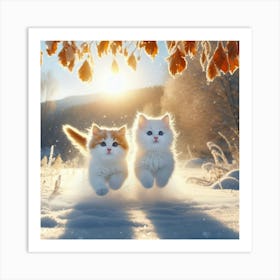 Two Kittens Running In The Snow Art Print