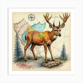 Deer On The Map Art Print