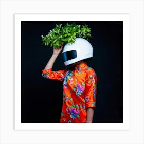 Portrait Of A Figure Donning A Futuristic Helmet Cradling A Glowing Plant Vibrant Bright Orange Fl Art Print