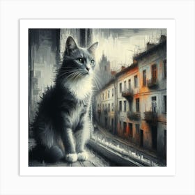 Grey and white Cat In The Window Art Print