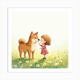 A Shiba Inu And A Little Girl Sharing A Moment In A Flower Filled Field, Watercolor Art Print