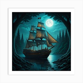 Pirate Ship At Night Art Print