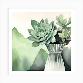 Succulents In A Vase Monochromatic Watercolor Art Print