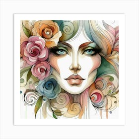 Watercolor Of A Woman With Flowers 16 Art Print