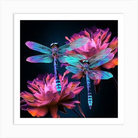 Dragonflies On Flowers Art Print