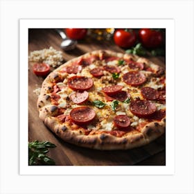 Pepperoni Pizza On Wooden Table Art Print
