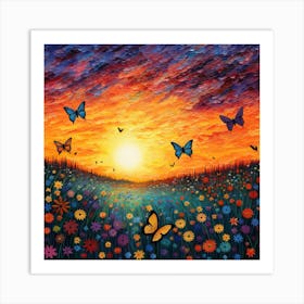 Sunset With Butterflies 1 Art Print