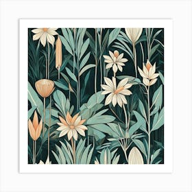 Seamless Pattern With Flowers And Leaves Art Print