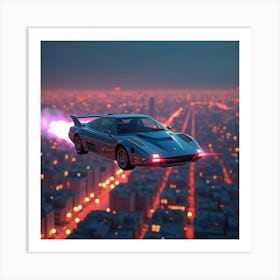 Glowing Flying Car With Sleek Design, Cruising Above Vibrant City Lights 1 Art Print