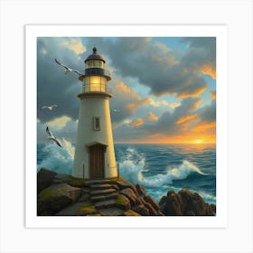 Flux Schnell Majestic Lighthouse On Rocky Cliff Crashing Waves 2 Art Print