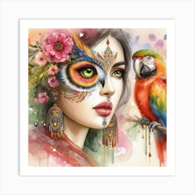 Woman With Parrot Art Print