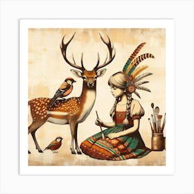 Girl With Deer Art Print