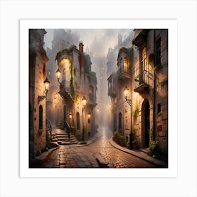 Dreamy Evening Walk: Illuminated Historical European Alley in Fog, City At Night Art Print