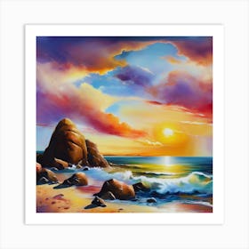 Artwork, oil colors, sea and sunset, seashore, beach rocks.San Francisco, USA.1 Art Print