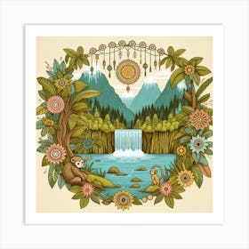 Monkey at the waterfall, Boho style Art Print