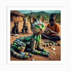 Cat Made Of Plastic Bottles Art Print