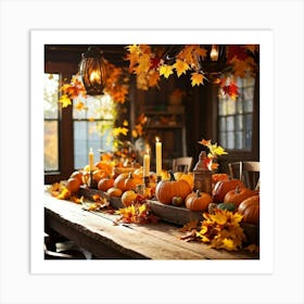 Autumn Table Decor Sprawling Across A Rustic Wooden Table Scattered Bright Orange Pumpkins Accompan (5) Art Print