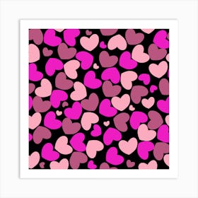 Pink Hearts On Black Background Art Print