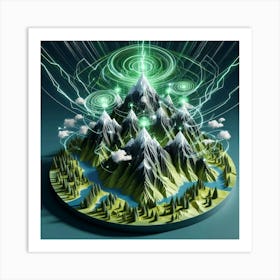 3 Dimensional Mountains With Multiple Green Lightning And White Swirls In A Vortex 3 Art Print