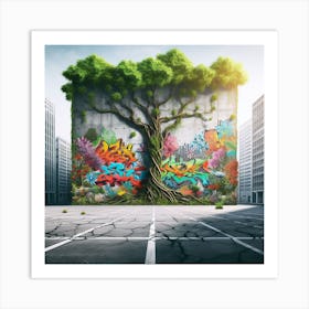 Graffiti Tree, Urban Jungle: Concrete Blossoms and Verdant Graffiti Art Print