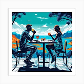 Couple Sitting At Table In The Mountains Art Print