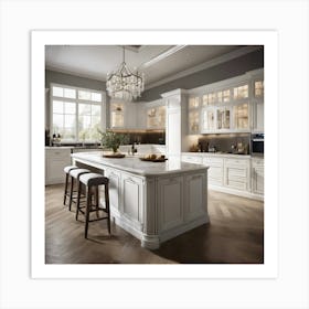 White Kitchen With Chandelier Art Print