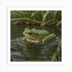 Frog On Water Grass Art Print